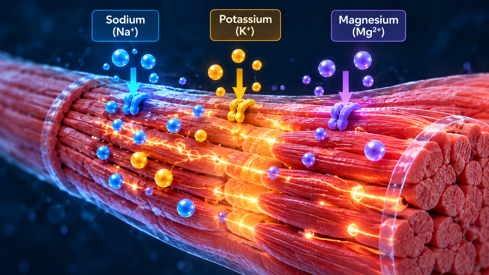 Diagram of a striated muscle fibre with sodium, potassium and magnesium ions moving through channels in its cell membrane